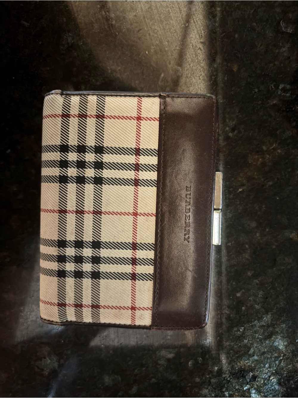 Burberry Beige Plaid with Brown Leather Key & Card Holder
